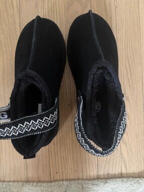 UGG Black Suede Slip-On Mules with Patterned Heel Strap worn twice